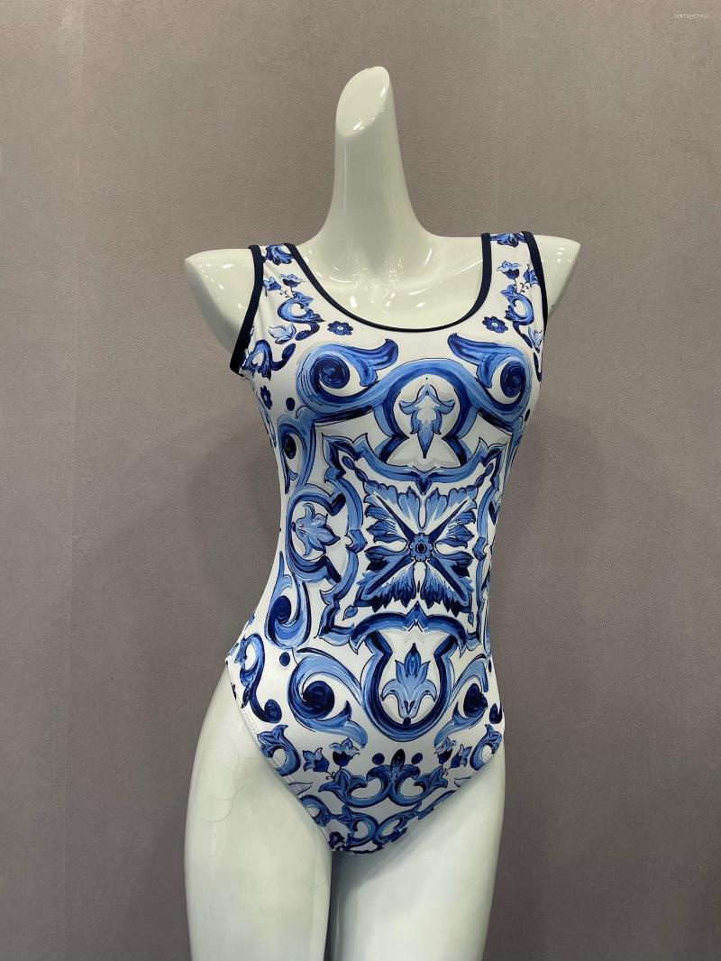 

Women' Swimwear Women Blue Porcelain Printed Ruffles One Piece Swimsuits Beachwear Sexy Bathing Suits Designer Backless Bodysuit