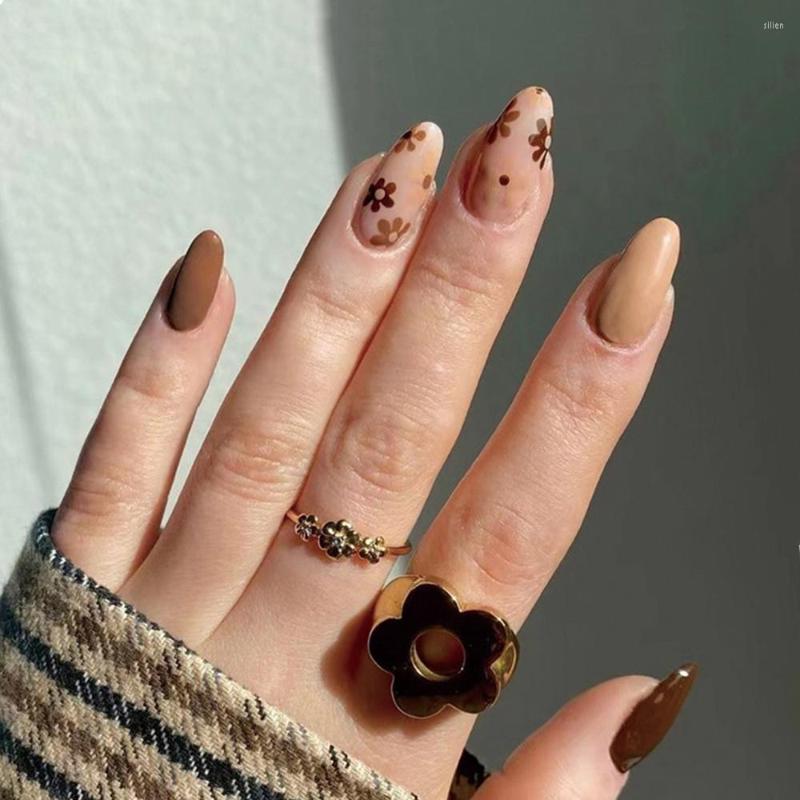 

False Nails Brown Flower Almond Fake With Designs Fashion French Tips DIY Manicure Wearable Press On Full Cover, 01