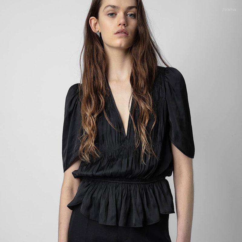 

Women's Blouses 2023 Spring And Summer Holiday Style Black Gray Shirt Front Panel V-neck Shrink