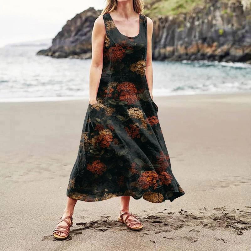 

Casual Dresses Women's Fashion Solid Colour Sleeveless Cotton Linen Pocket Dress Elegant Printed Summer Women 2023 Vestidos, White