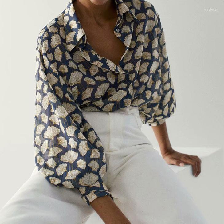 

Women' Blouses Women Blouse England Style Cozy Fashion Elegant Leaf Printing Loose Silk Blusas Mujer De Moda Shirt Tops For, Photo color