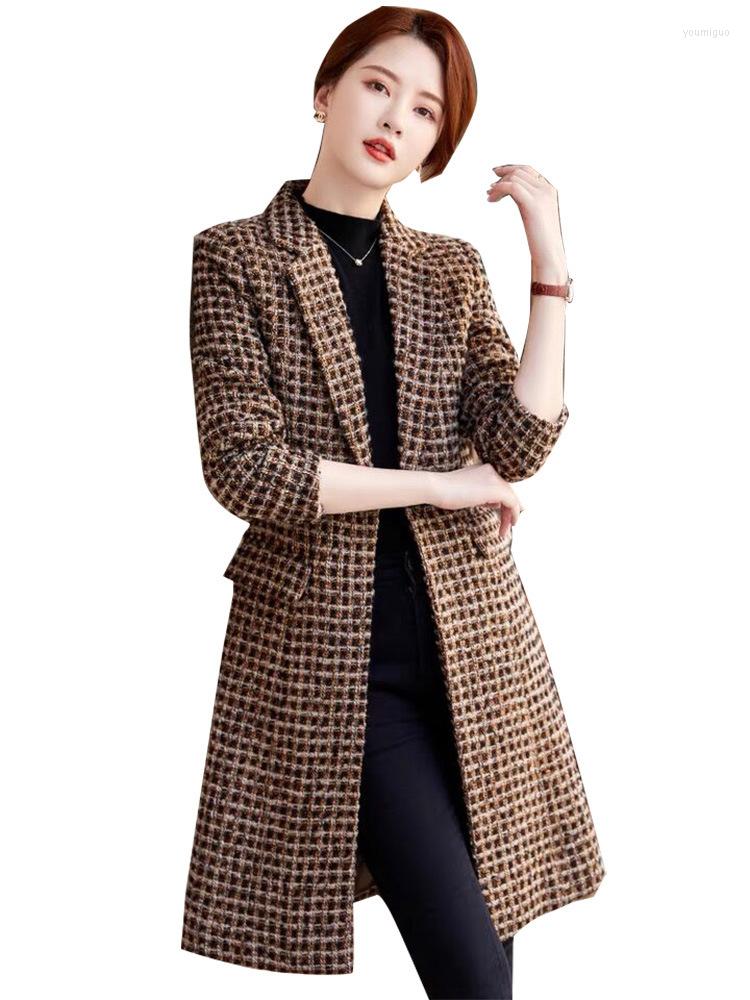 

Women' Trench Coats Women Medium Length Suit Coat Women' Korean Slim Fit Plaid OL Windbreaker, Caffee