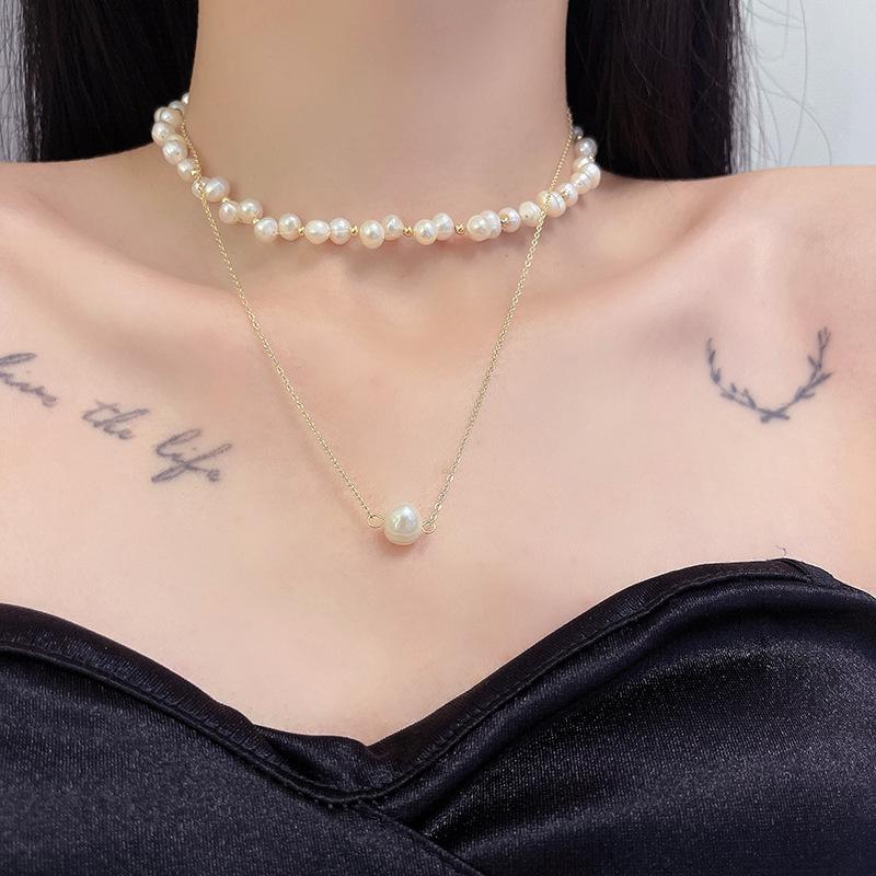 

Chains Natural Baroque Freshwater Pearl Double Layered Wear Necklace Temperament Light Luxury Clavicle Chain WomenChains