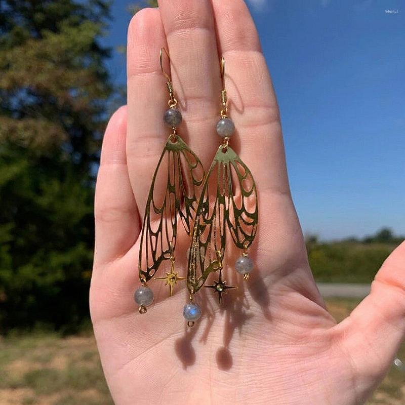 

Dangle Earrings Fairy Wing Dragonfly Pink Quartz Crystal Celestial Boho Cicada