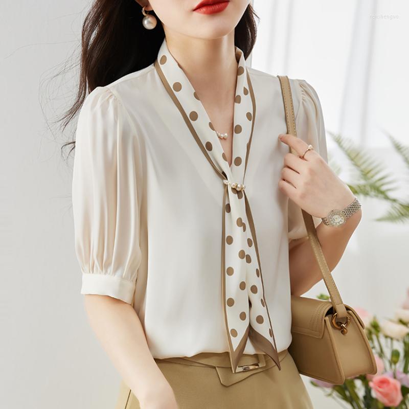 

Women' Blouses Korean Office Ladies Elegant Lace-up V Neck Blouse Women Fashion Satin Short Sleeve Shirt 2023 Summer Female Tops, White