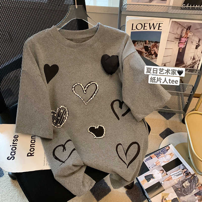 T-shirt Femme Femmes Trois dimensions Love Ironing T-shirt à manches courtes 2023 Été Nouveau Mode Casual Lâche Gris Pull Femme J0117