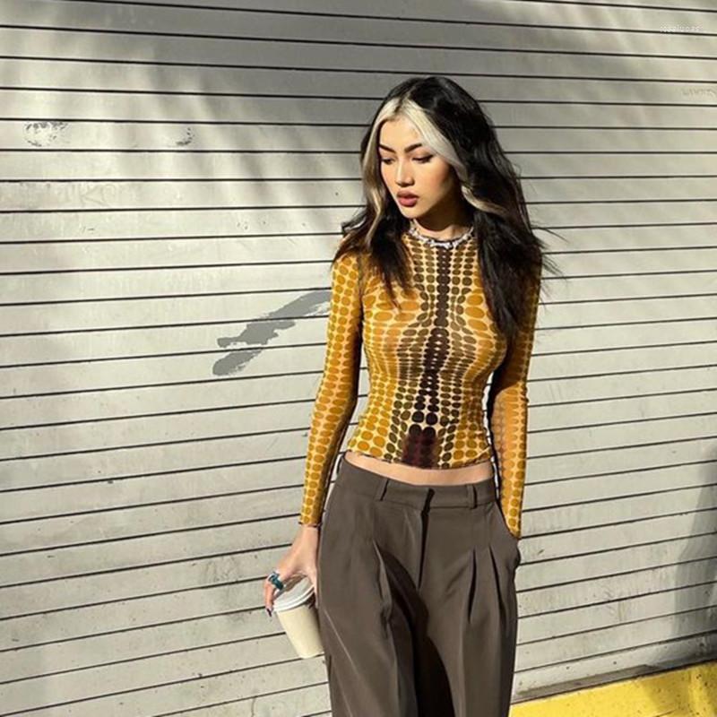 

Women' T Shirts 2023 Autumn Explosive Fashion Street Polka Dot Slim Crop Long Sleeve Top T-shirt Women, Yellow