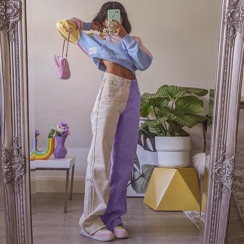 

Women's Jeans High Waist Straight Contrast Color Spliced Baggy Streetwear Denim Trouser Wide Leg Pants Casual Korean Women's Clothes, Purple