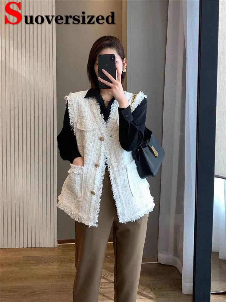 

Leather Korean Vintage Tweed Tassel Sleeveless Coats Women's Single Breasted Vneck Waistcoat Sweet Loose Jackets Casual Classic Vest, Black