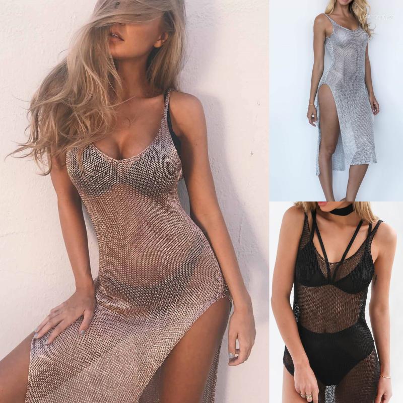 

Women' Swimwear Women Sexy Mesh Bikini Sarong Sling DressBeach Dress Sheer Long Cover Up Knitted Glitter Tunic Female Golden Swimsuit