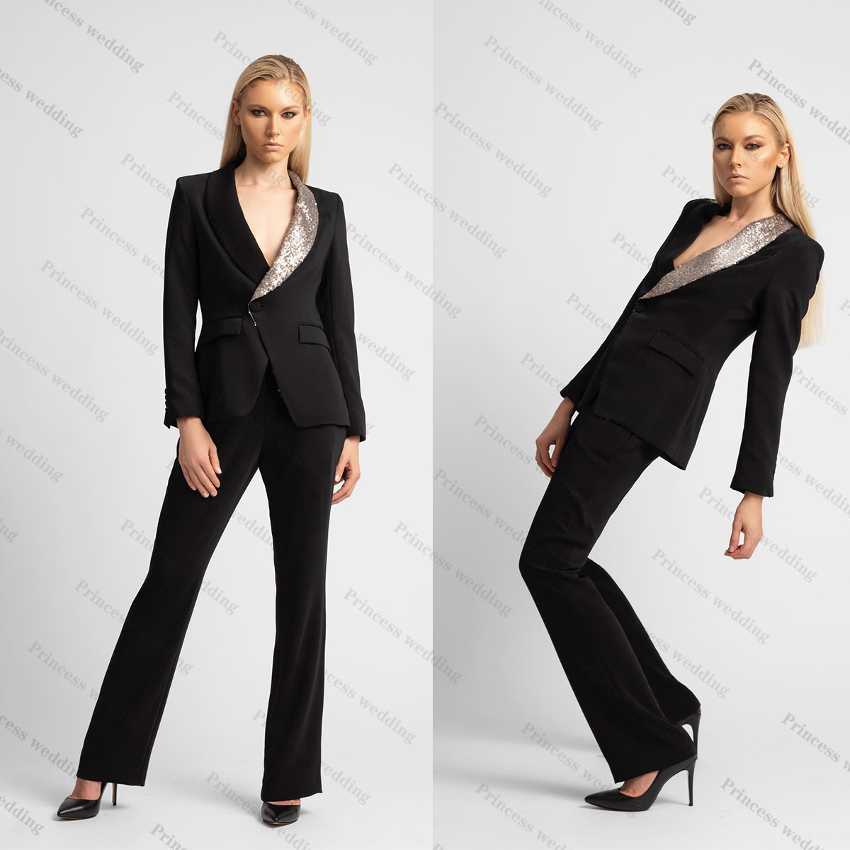

Cool Black Women Pants Suits Set 2 Pieces Sequins Lapel Girls Blazer Custom Made Plus Size Office Lady Party Prom Wear