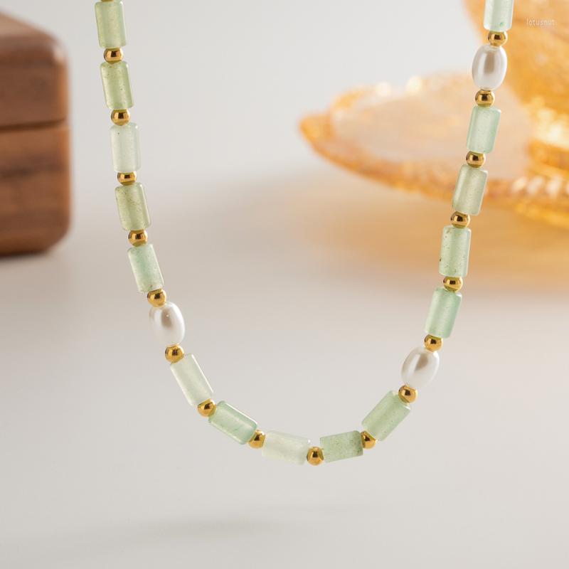

Choker Minar Bohemian Green Natural Stone Cubes Glass Pearl Beaded Necklace For Women 18K Gold Plated Stainless Steel