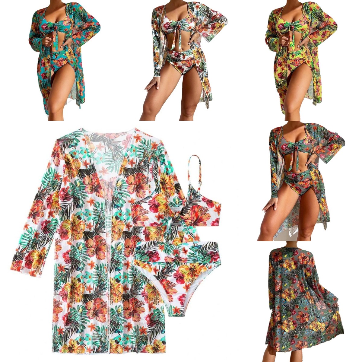 

Sexy High Waisted Bikini Three Pieces Floral Printed Swimsuit Women Bikini Set With Mesh Long-Sleeved Blouse Size S-XL