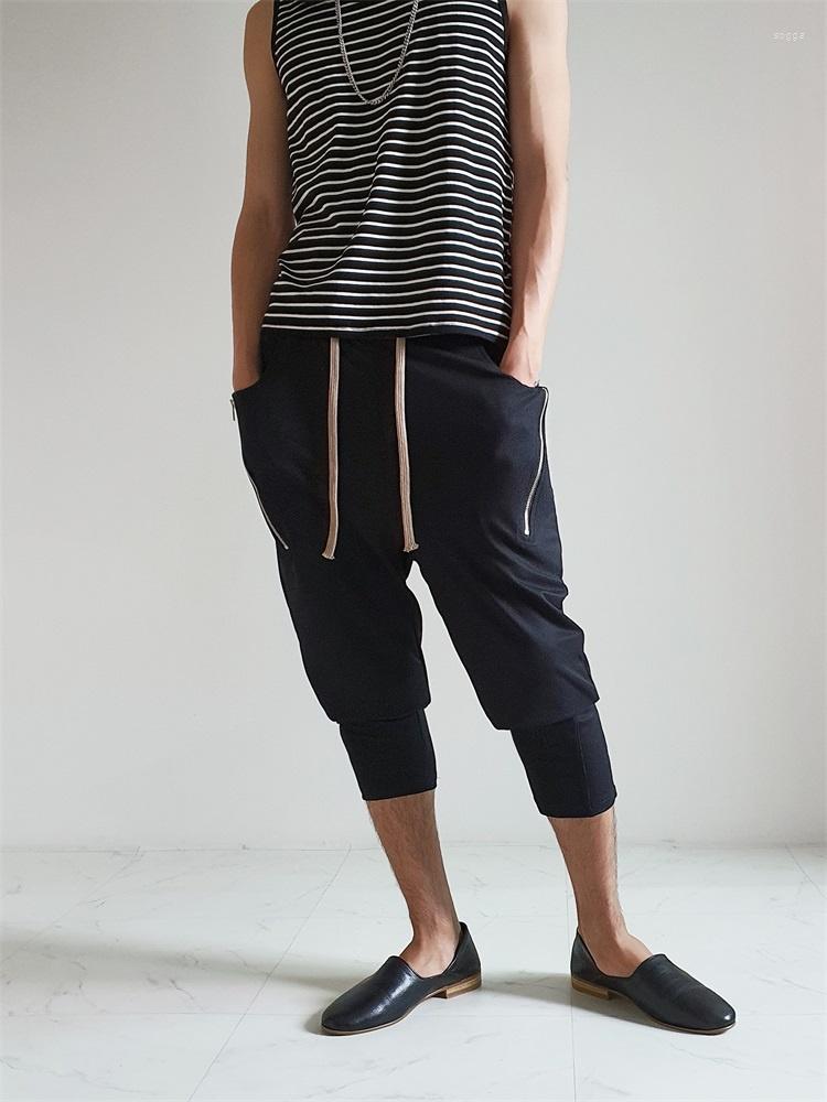

Men' Pants Korean Fashion Summer Loose Zip Pocket Decoration Three Quarter Harun Men Slim Casual Sports Bandage, Black