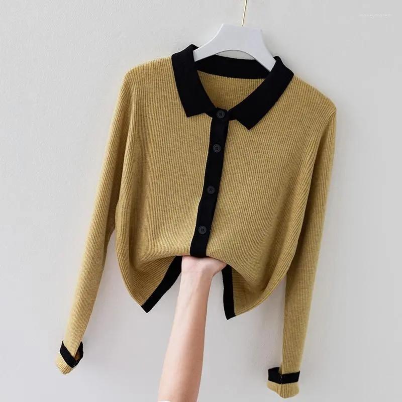 

Women's Blouses Polo Blouse Women Elegant Korean Fashion Knitting Cardigan Aesthetic Shirts Patchwork Button Luxury Tops, Black
