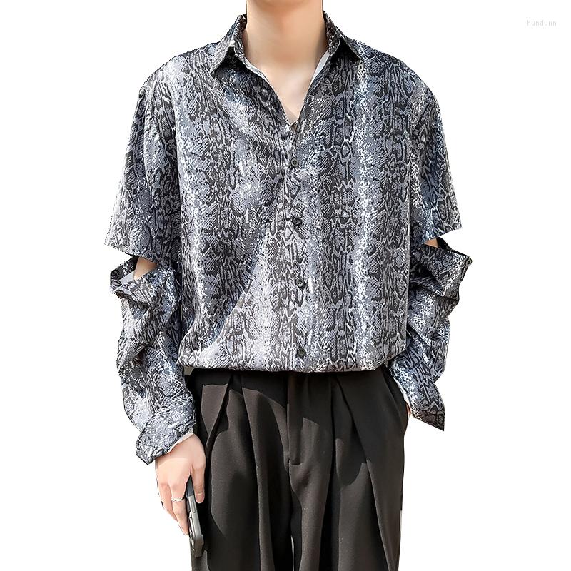 

Men's Casual Shirts Men Detachable Long Sleeve Snake Pattern Vintage Loose Streetwear Fashion Hip Hop Dress Blouses For Man, Blue