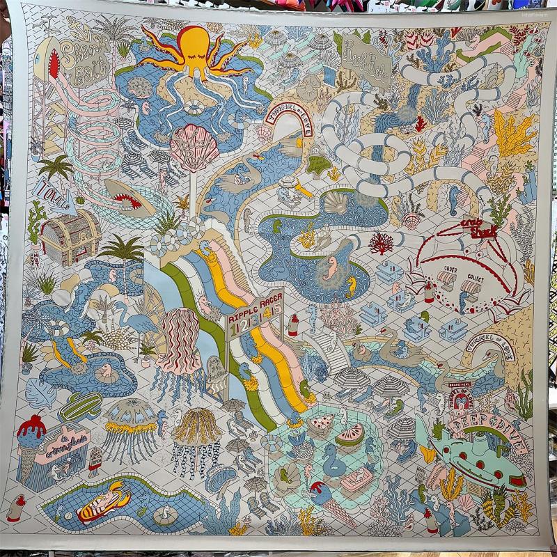 

Scarves Winter Silk Cashmere Scarf Women Hand Rolled Shawls Aquarium Print Square Wraps Bandana Big Hijabs Female Foulard 135CM