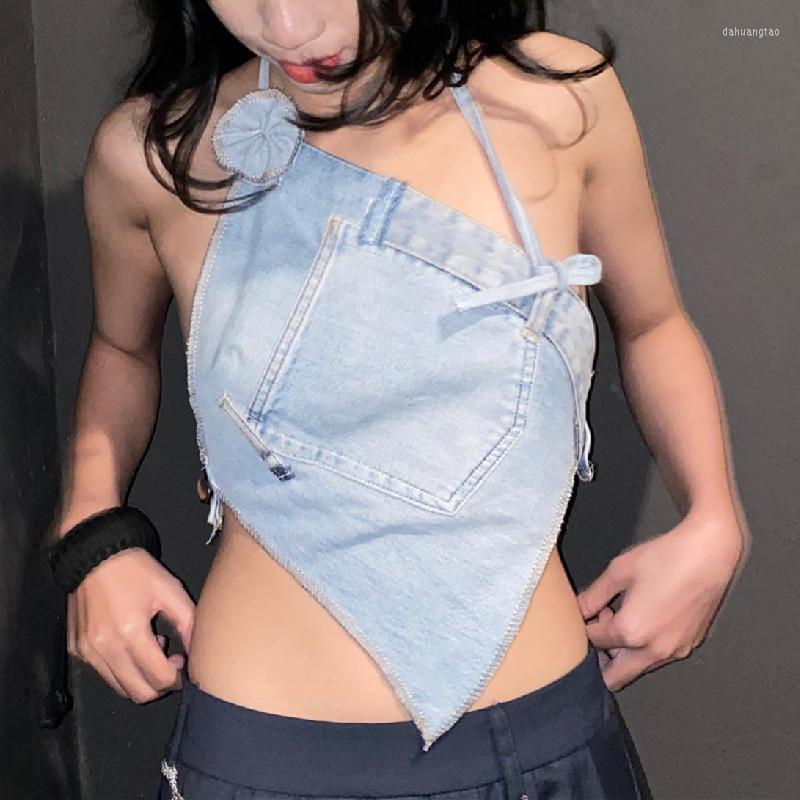 

Women' Tanks Sexy Denim Asymmetrical Backless Halter Crop Top Y2k Tank Tops 2000s Streetwear Women Summer Camisole, Blue