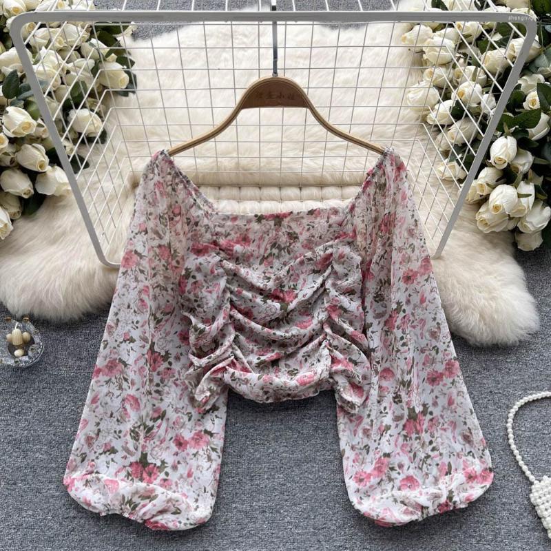 

Women's T Shirts Summer Pleated Short Shirt Temperament Bubble Long Sleeve Fragmented Chiffon, As the picture
