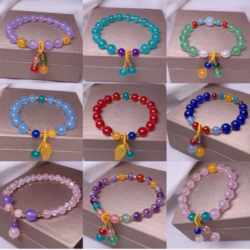 

Charm Bracelets Chinese Style Cute Sweet Elastic Bracelet For Women Pink Bread Crystal Leaf Pendant Gift Girl Jewelry