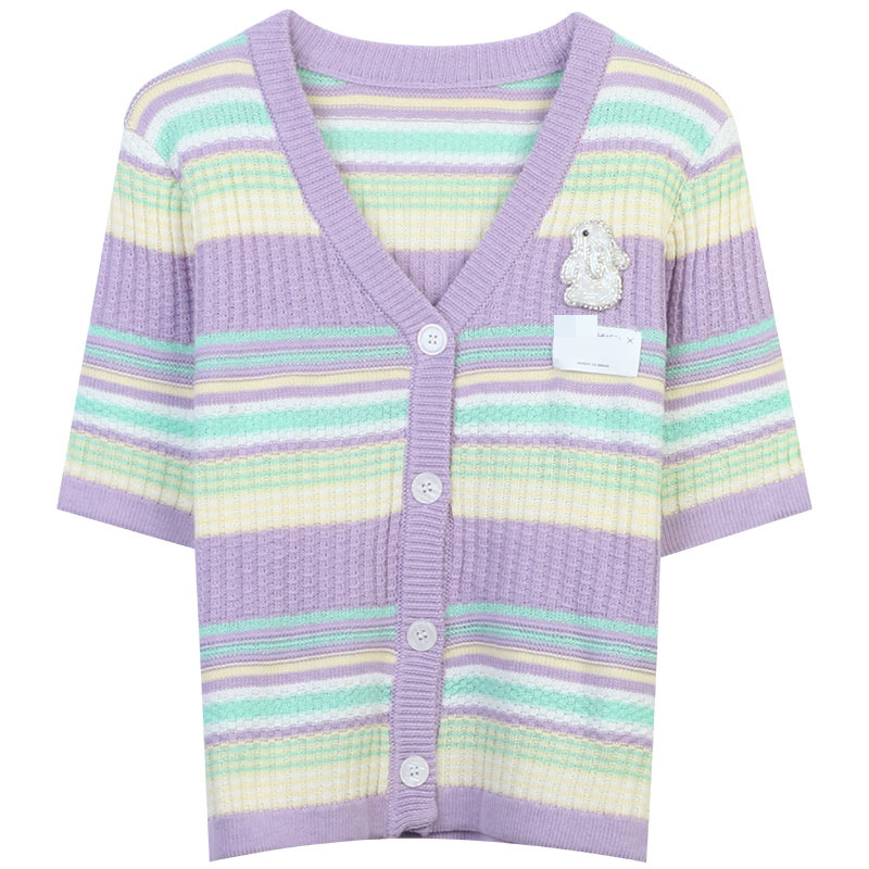 

427 2023 Runway Summer Brand SAme Style Sweater Short Sleeve Cardigan V Neck PURPLE Fashion Clothes High Quality Womens mingmo