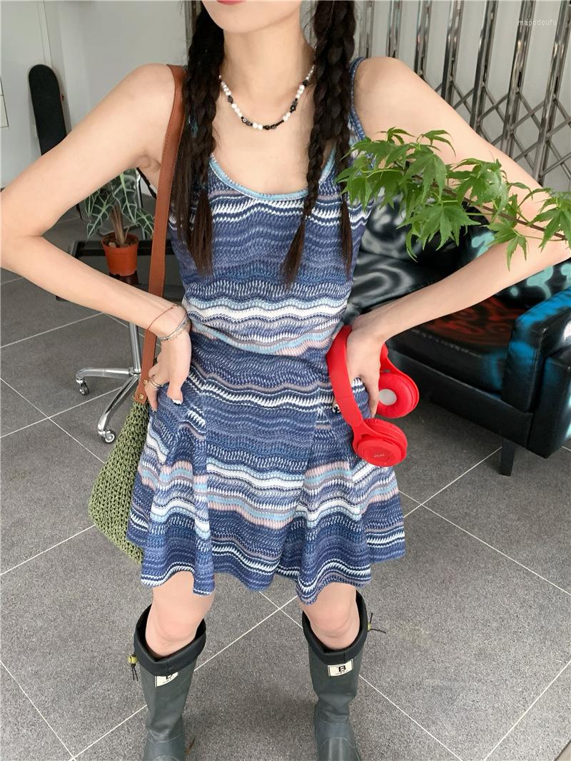 

Casual Dresses Sexy Vintage Striped Women Summer Y2k Chic Mini Sweet Girls Punk Kpop Streetwear Spaghetti Strap Vestido Mujer, Blue