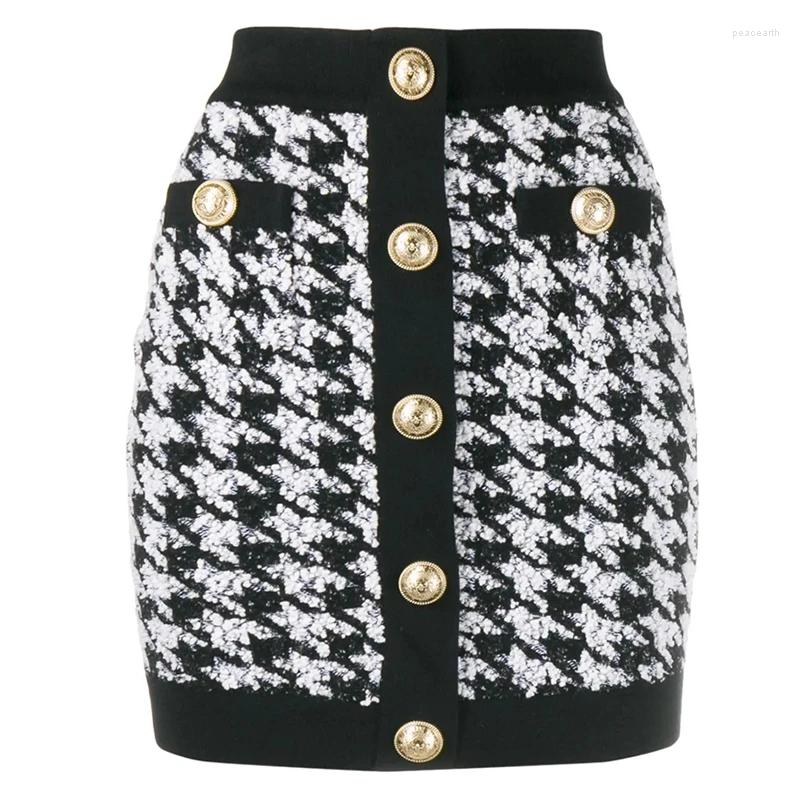 

Skirts HIGH QUALITY Est 2023 Designer Women' Lion Buttons Shimmer Tweed Houndstooth Mini Skirt, Black