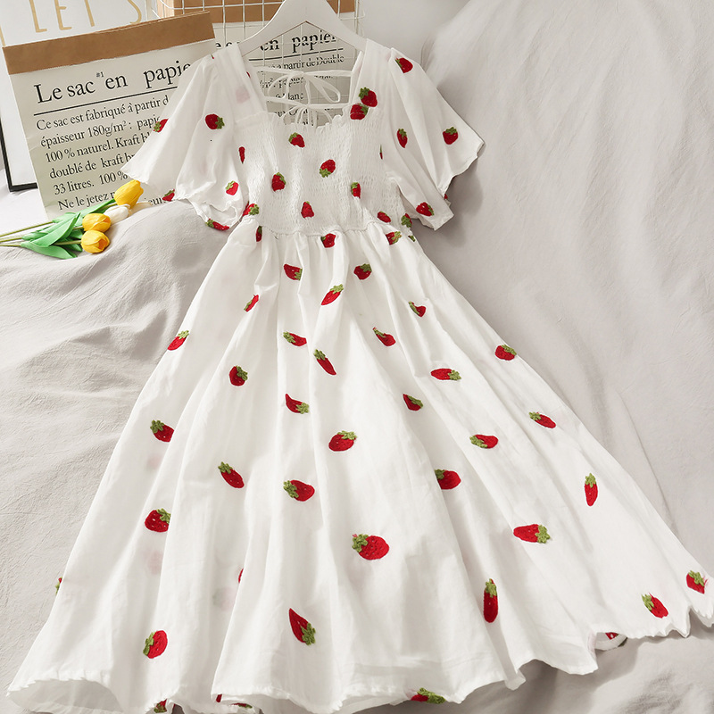 

Casual Dresses Vintage Kawaii Strawberry Dress Women Sexy Ruffle Puff Sleeve Off Shoulder Embroidery Summer Party Dresses Korean Elegant 230509, Strawberry dress a