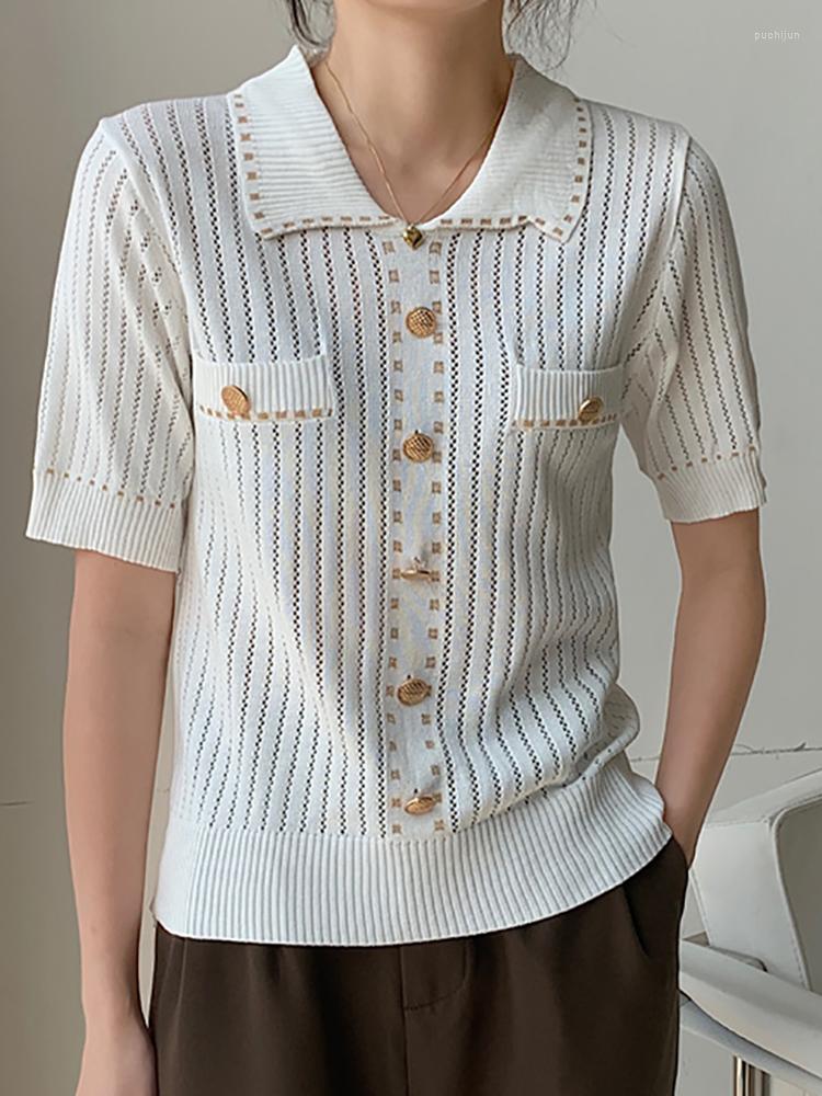 

Women's T Shirts Hollow Out Button Knitted Shirt Women Tshirt Short Sleeve Korean Style Woman Clothes T-Shirts 2023 Summer Tops Camisetas, Black