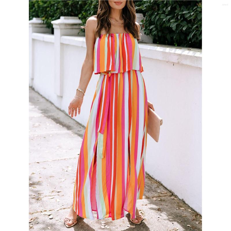 

Casual Dresses Summer Dress For Women With Pockets Sleeveless Knee Length Mini Stripe Print Pleated Tank Holiday Loose Vestidos, Orange