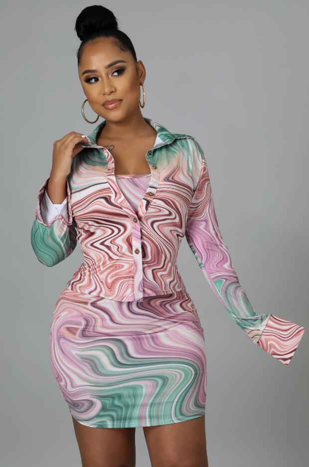 

K7099 European American Women's Two Piece Dress fashion printed shirt vest short three-piece set, Multi