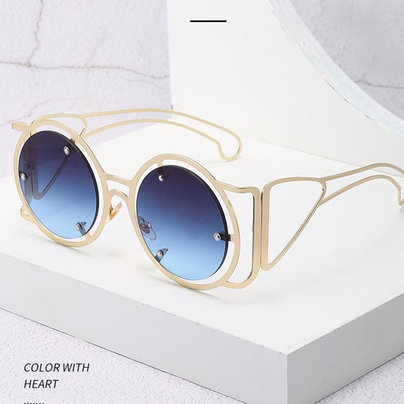 

Sunglasses 2023 Oversized Unisex Round Blue Women Trend Brand Metal Hollow Out Big Frame Steampunk Sport Sun Glasses UV400