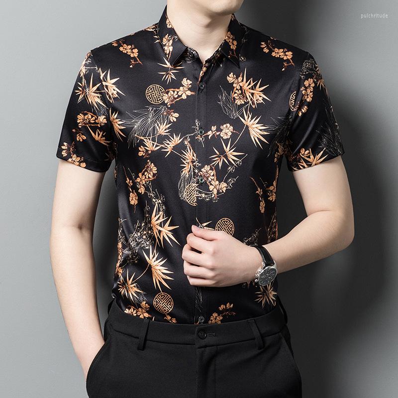 

Men's Casual Shirts Summer 90% Mulberry Silk Short Sleeved Shirt Men Satin Printed Korean Fashion Real For Clothing FCY3994, Picture color