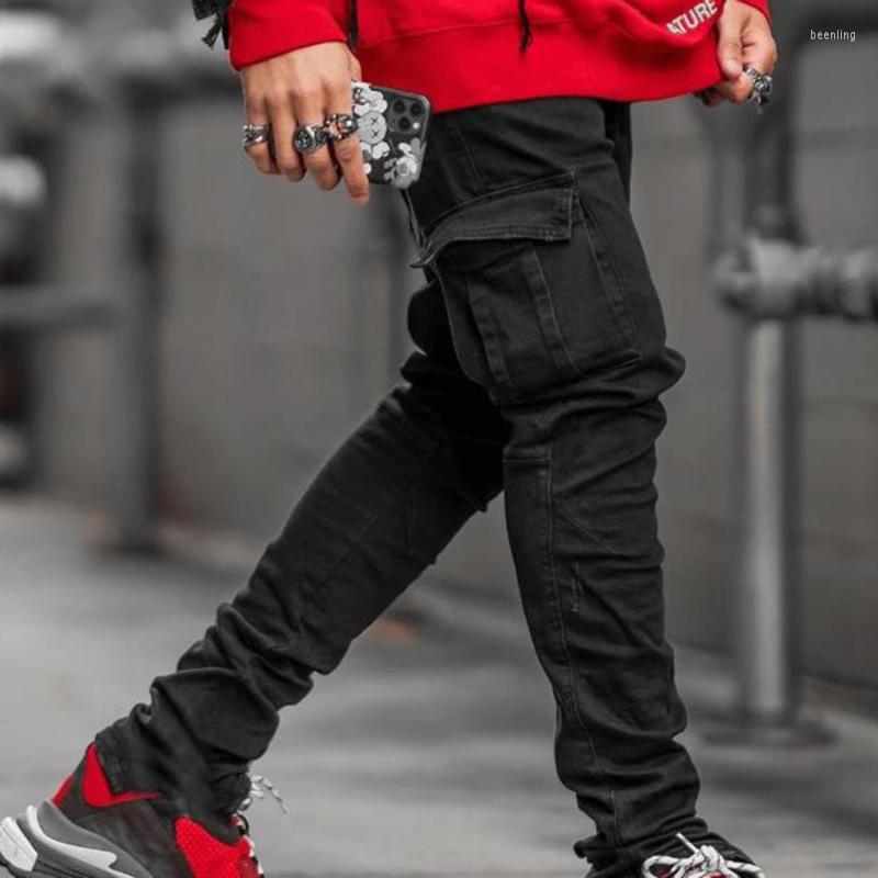 

Men's Pants Jeans Men Wash Solid Color Multi Pockets Denim Mid Waist Cargo Plus Size Fashion Casual Trousers Male Daily Wear, Black