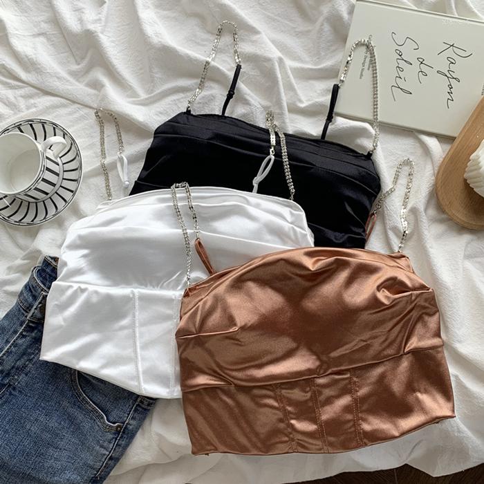 

Women's Tanks Women Diamond Chain Crop Tops Pile Collar Chic Streetwear Slim Tank Y2K Summer Fashion Party Satin, Black