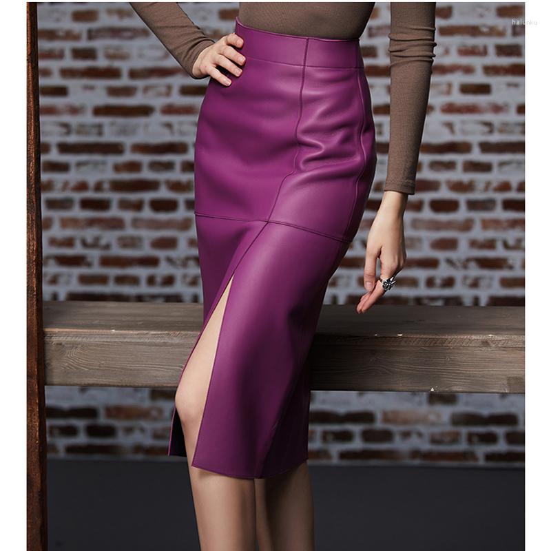 

Skirts Clothes For Women Office Lady Genuine Leather Sexy Split Skirt Simple Wrapped High Waist Slim Fit Long Jupe Purple/Black Etek Ka
