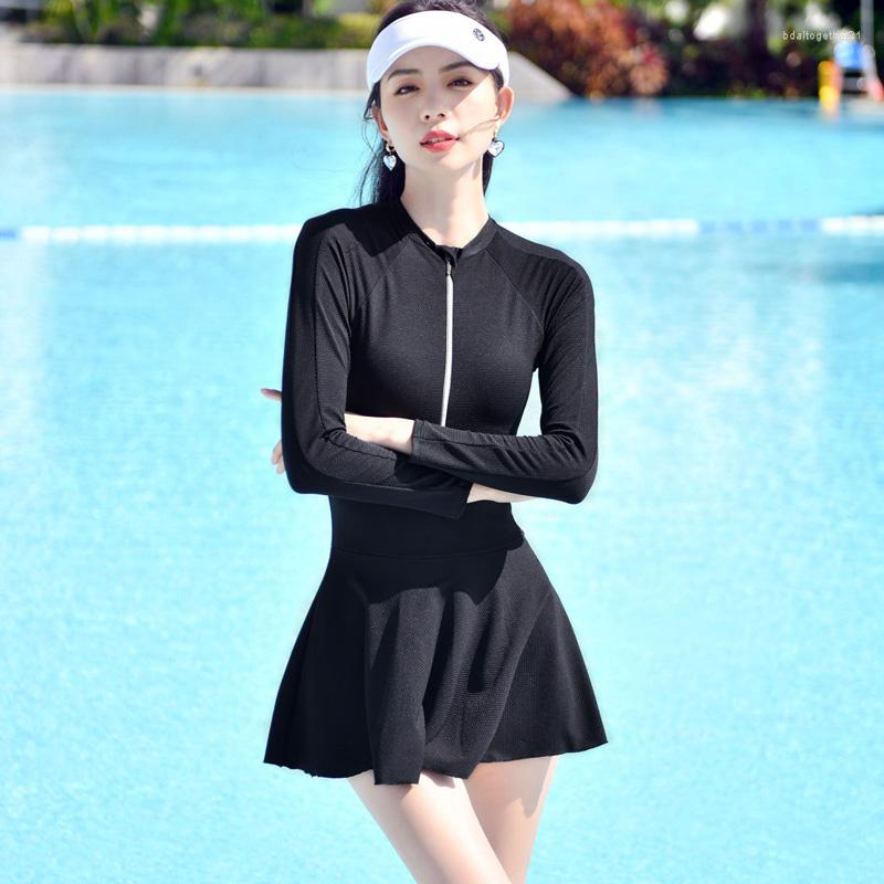 

Women's Swimwear L- One Piece Swimming Suit For Women Girls Sport Black Long Sleeve Skirted Bathing Beachwear Zipper Swimsuit, Pink