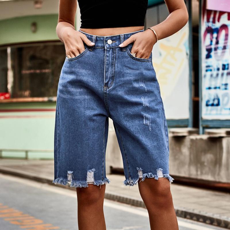 

Women's Shorts 2023 Denim Torn Five Piece Pants With Fashionable Ruffled Fringe Jeans For Women, Blue