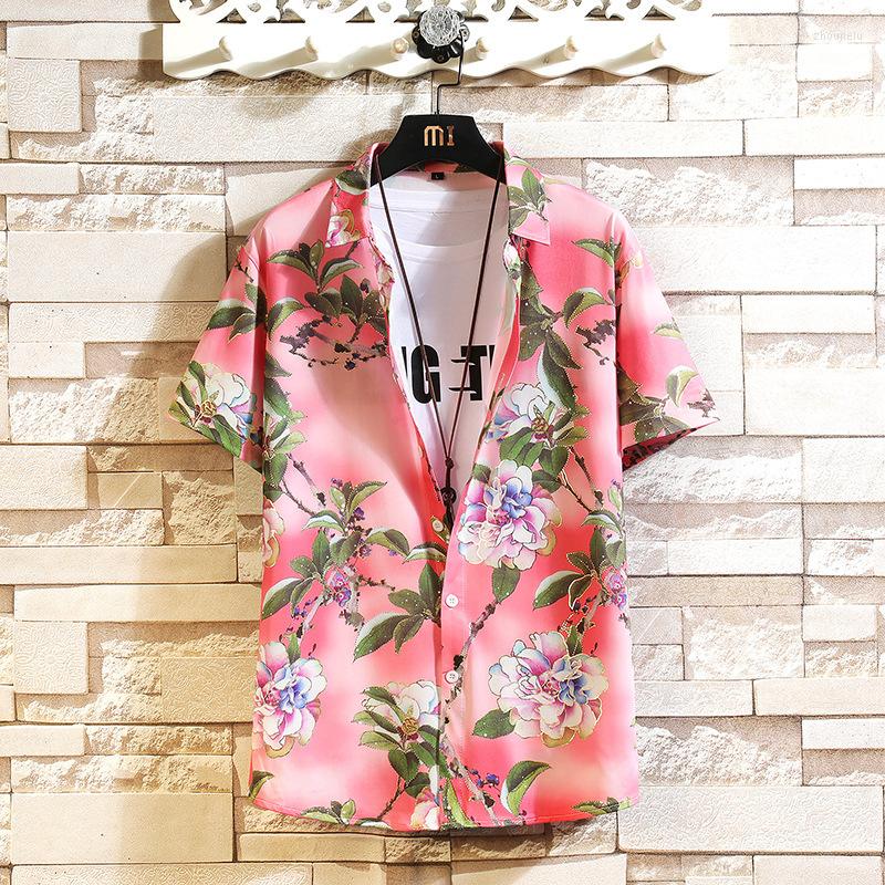 

Men's Casual Shirts Cross-border 2023 Summer Hong Kong Style Large Short Sleeve Shirt Men's Rose Print Polo Beach Wear, D310