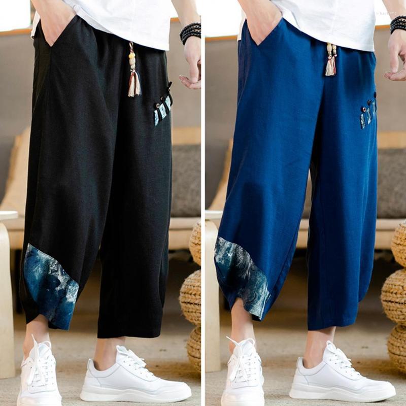 

Men's Pants Men Summer Mid-rise Elastic Waistband Drawstring Baggy Pockets Thin Retro Print Harem Cropped, Black