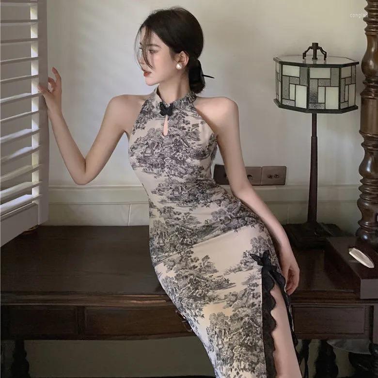 

Casual Dresses Cheongsam Dress Women' Chinese Geomantic Ink Medium Length Skirt Summer Sexy Neckline, Black