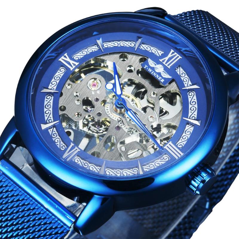 

Wristwatches Watch Men Skeleton Mechanical Ultra Thin Mesh Strap Business Men's Watches Top Fashion Blue Male WatchesWristwatches Wristw, All blue