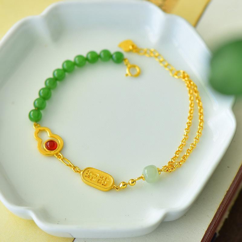 

Link Bracelets 2023 Woman Bracelet Gothic Imitation Natural Hetian Jade Apple Green Round Beads Gold Plated Gourd Chinese Style Chalcedony