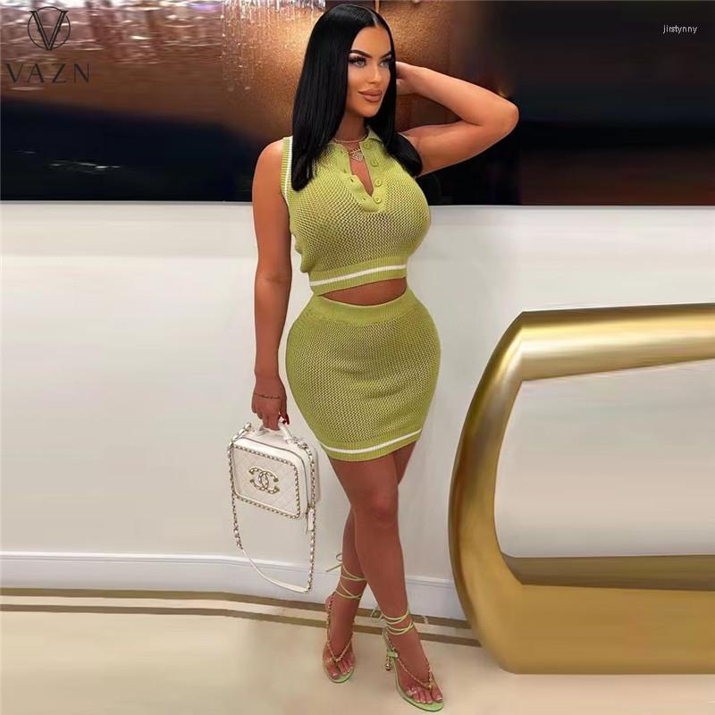 

Work Dresses VAZN 2023 Luxury Designer Knit Dress Set Solid Hollow Out Tank Sleeve Top Mini Pencil Skirts Slim Women 2 Piece, White