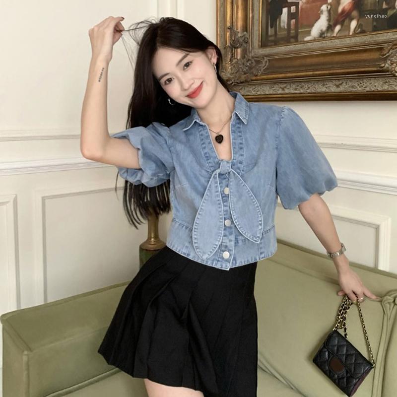 

Women' T Shirts Bowknot Short Sleeve Denim Shirt Women' Summer French Chic Slim Button Blouse 2023 Casual Female Crop Top Streetwear, Blue