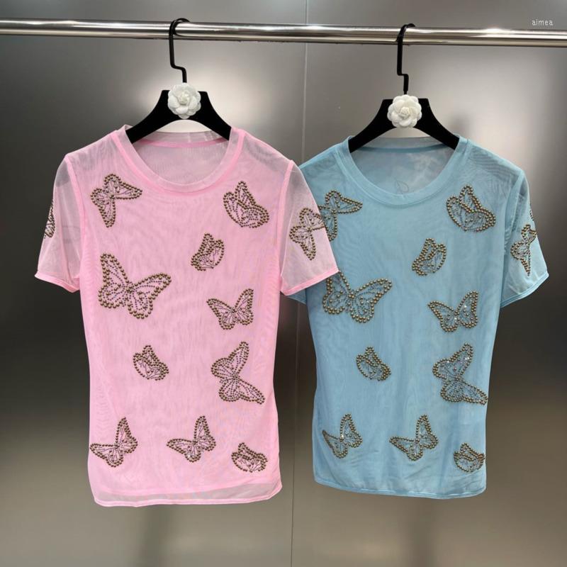 

Women' T Shirts BORVEMAYS Y2k Diamonds Butterfly T-shirt Temperament O Neck Short Sleeve Patchwork Thin Mesh Tops Summer WZ2416, Sky blue