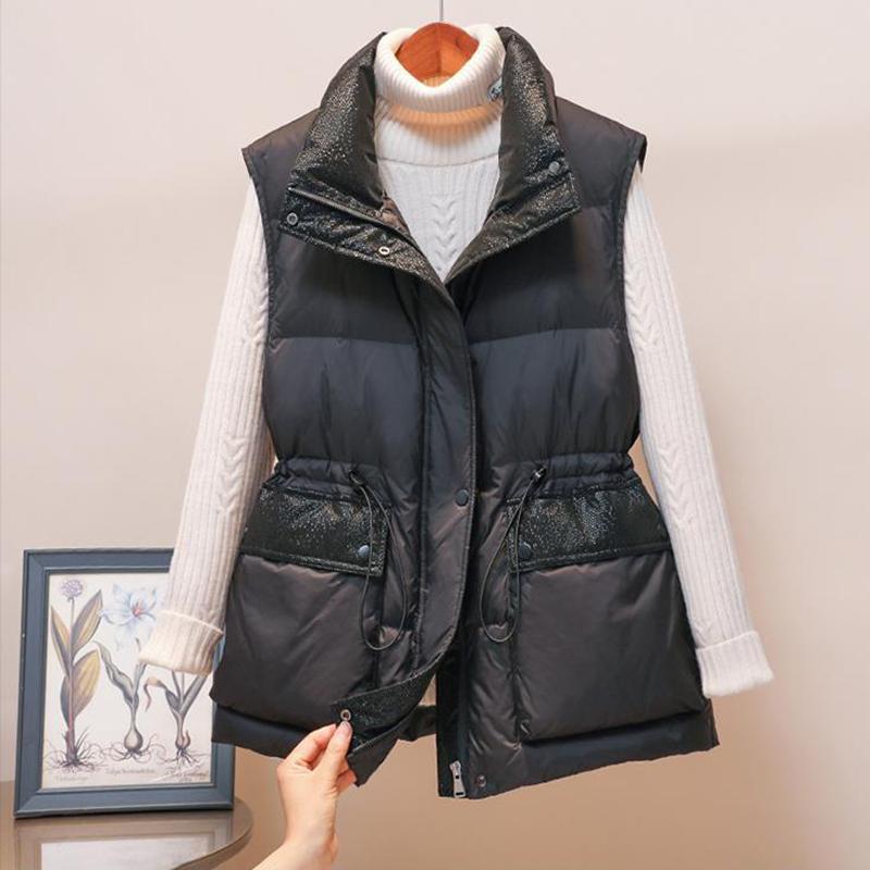 

Leather 2022 Spring Winter Cotton Padded Down Vest Women Standup Collar Waistcoat Casual Sleeveless Jacket Streetwear Loose Vest Women, Camel