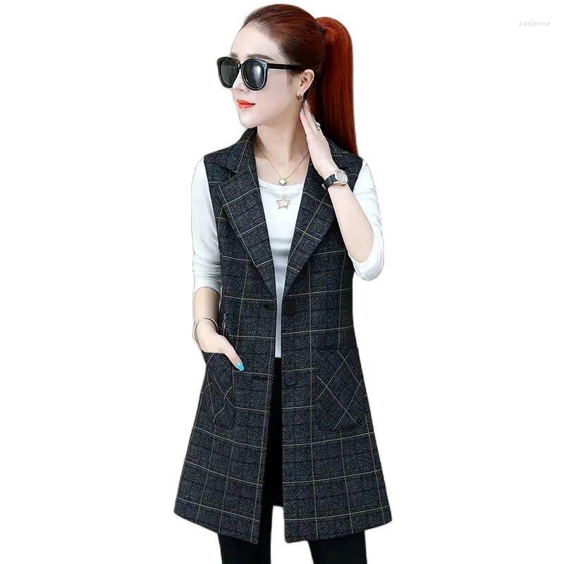 

Women's Vests Medium Length Plaid Vest Jacket Women's 2023 Spring Autumn Korean Slim Suit Collar Sleeveless Coat Casual Female Waistcoat, Stripe