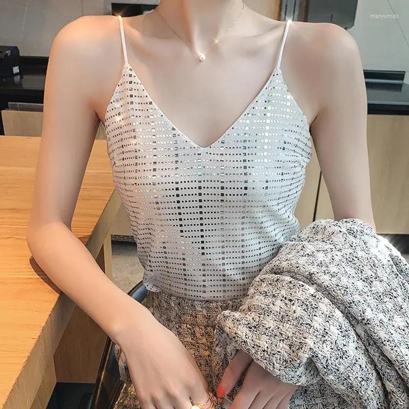 

Women' Tanks Halter Tank Top Summer Aesthetic Clothes For Women V-Neck Crop Sexy Evening White Black Shiny Sequins Loose Korean Fashion