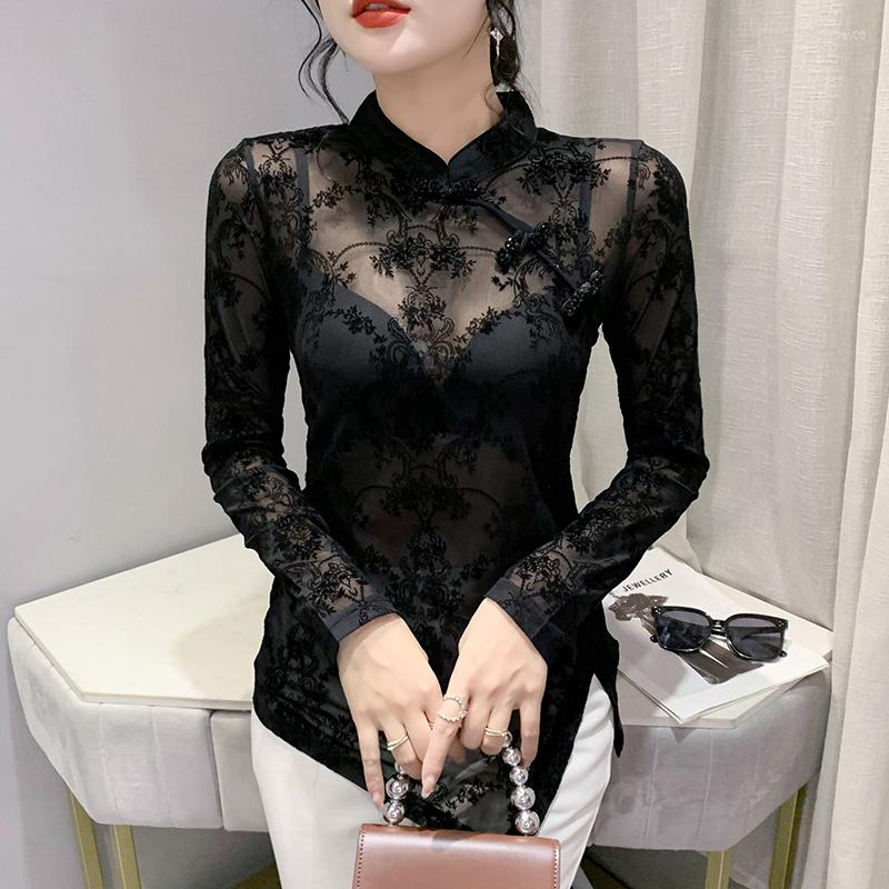 

Women's T Shirts Vintage Ethnic T-shirt Women Spring 2023 Lace Embroidery Stand Collar Chinese Frog Buttons Slit Sexy Tops Tee Long Sleeve, White